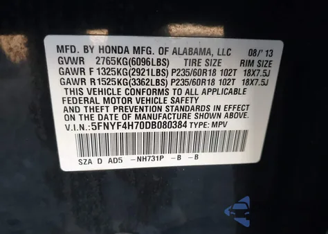 2013 Honda Pilot Ex-L z USA, uszkodzony, nr VIN 5FNYF4H70DB080384